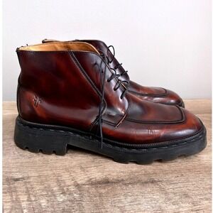 RARE Frye Made in England Burgundy Leather Chukka Boots Lug Sole Apron Toe Sz 12